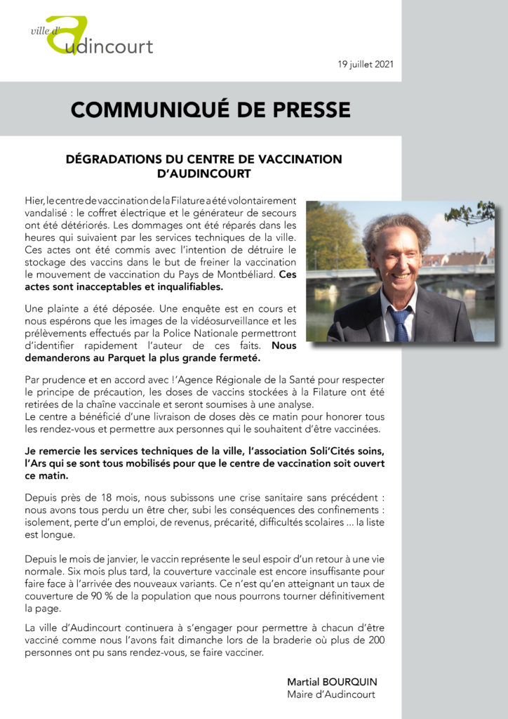 Communique presse_degradations centre vaccination